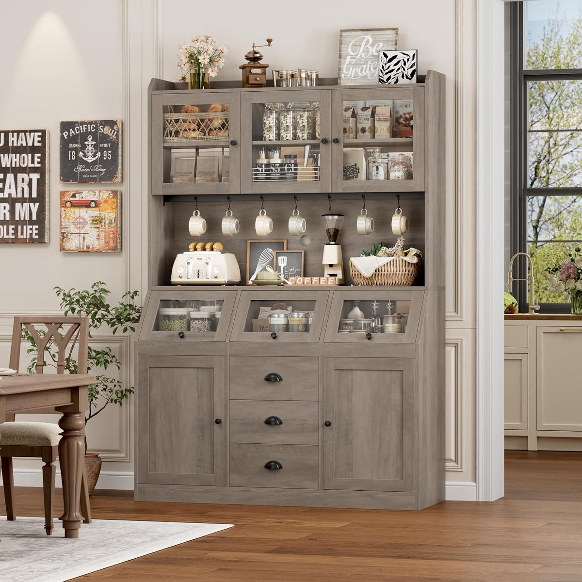 HIFIT 71.4” H Kitchen Hutch Pantry Cabinet with 3 Bread Boxes&7 Metal Hooks | Farmhouse Kitchen Hutch Cabinet with Storage and Glass Doors for Living Dining Room, Home Office, Ash Grey