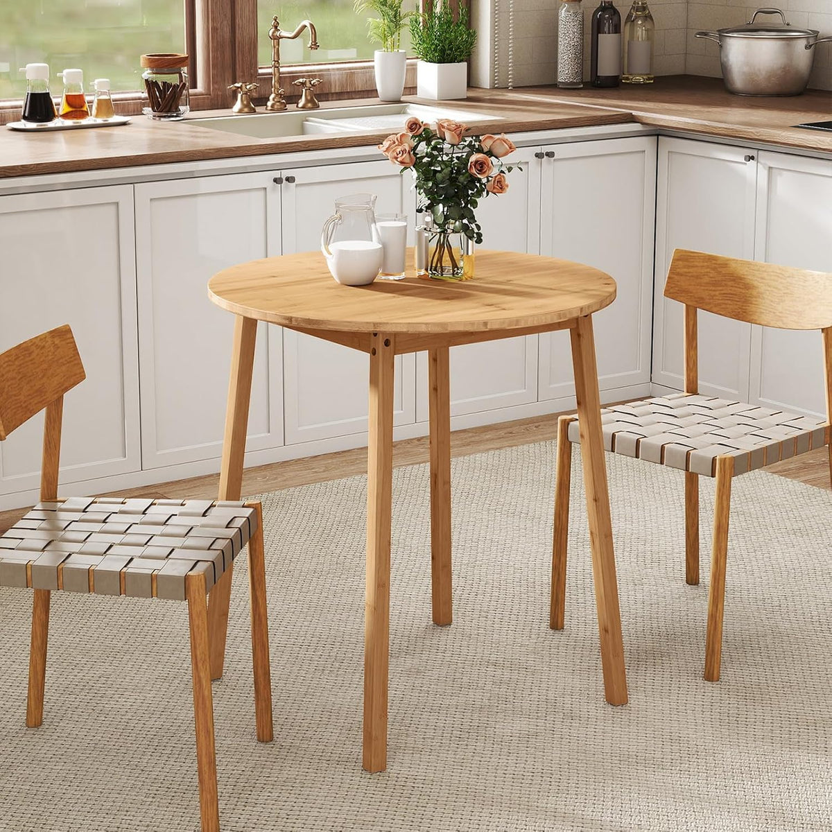 Giantex 27.5-Inches Bamboo Dining Table for 2-4, Round Dinner Tables with Non-Slip Foot Pads, Farmhouse Small Kitchen Table for Dining Room, Living Room, Dinette, Apartment (Round)