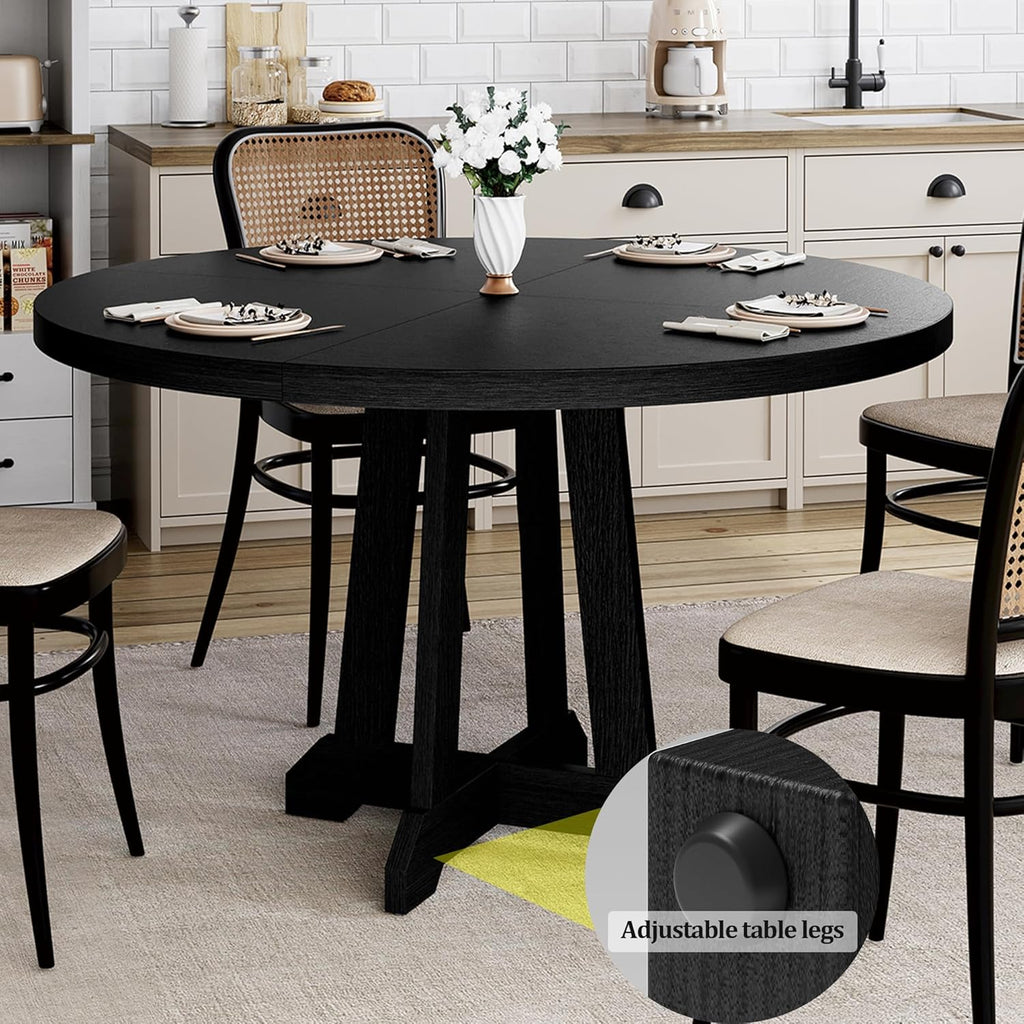 GarveeHome Round Dining Table for 4, 47 Inches Dining Room Table with Wooden Base, Kitchen Table with Circle Tabletop, Dinner Table for Dining Room, Kitchen, Living Room, Black