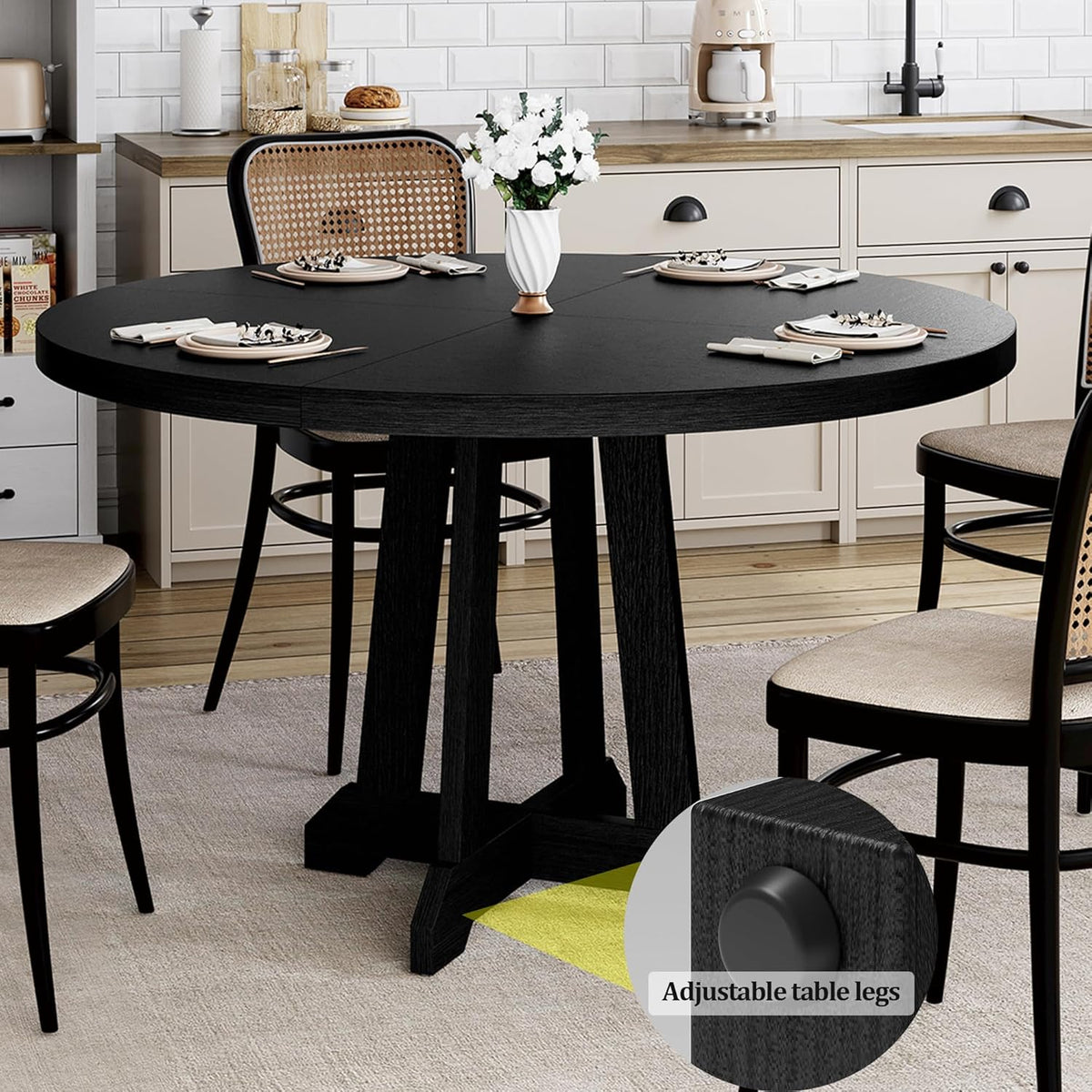 GarveeHome Round Dining Table for 4, 47 Inches Dining Room Table with Wooden Base, Kitchen Table with Circle Tabletop, Dinner Table for Dining Room, Kitchen, Living Room, Black