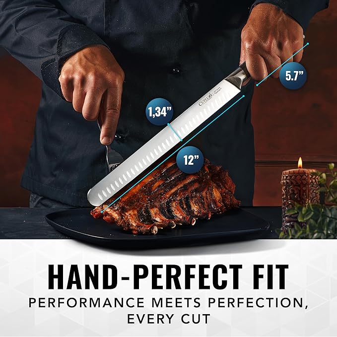 Cutluxe Slicing Carving Knife – 12" Brisket Knife, Meat Cutting and BBQ Knife – Razor Sharp German Steel, Sheath Included, Full Tang, Ergonomic Handle Design – Artisan Series