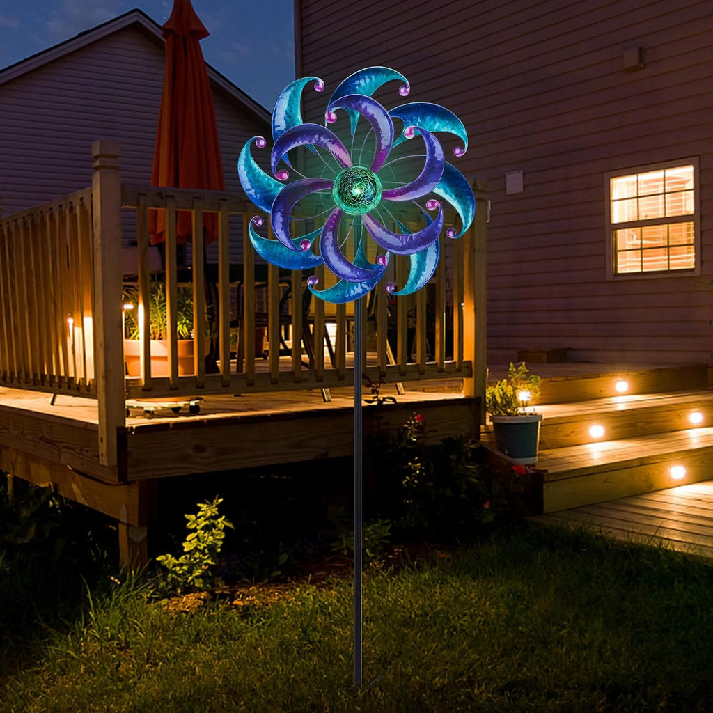 WONDER GARDEN Wind Spinners for Yard and Garden-Solar Wind Spinners - 61 Inch Blue Wind Sculptures & Spinners with LED Changing Light Glass Ball for Garden Patio Outdoor Decor