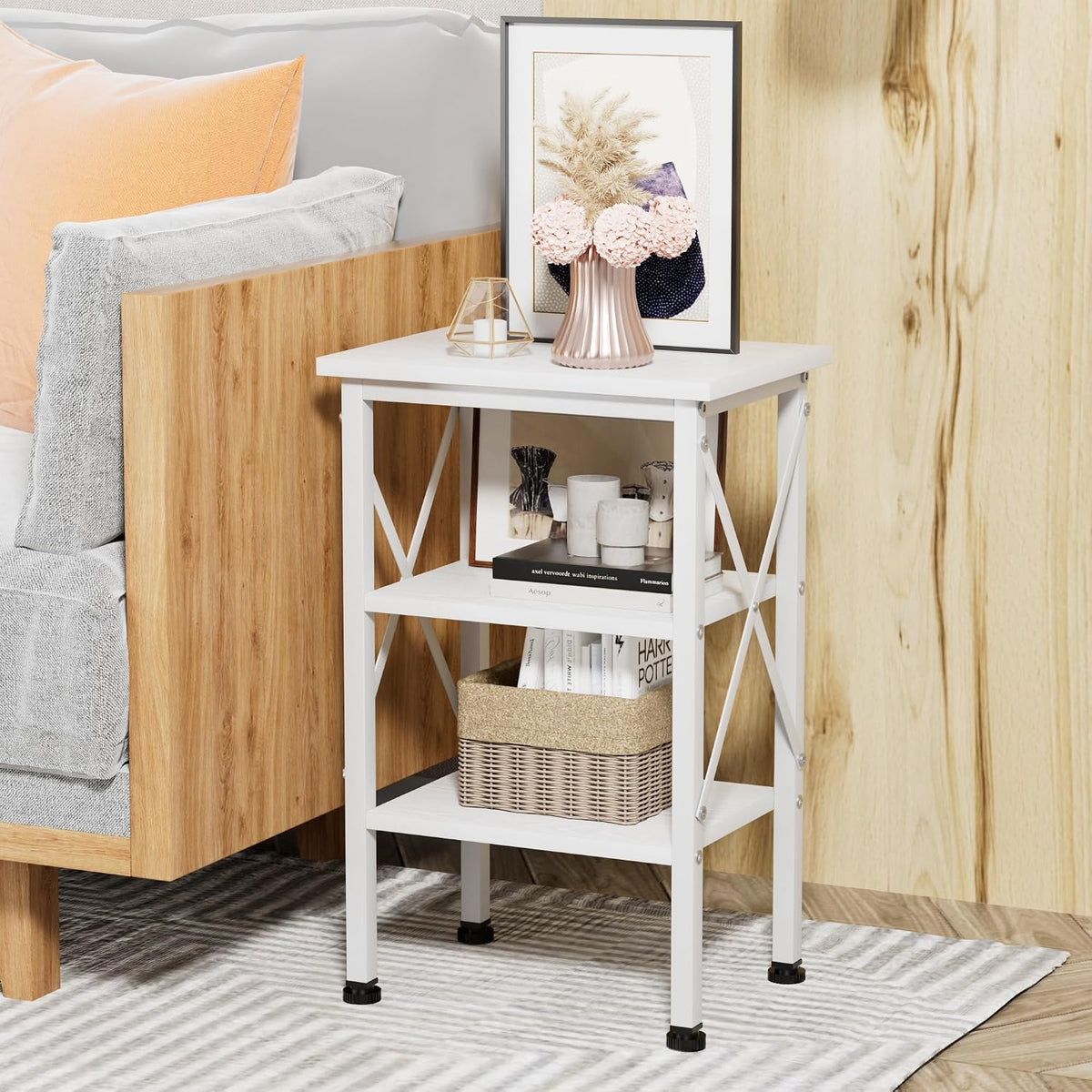 VECELO End Side Table Night Stand,X-Design with Storage Shelf for Bedroom,Living Room,White