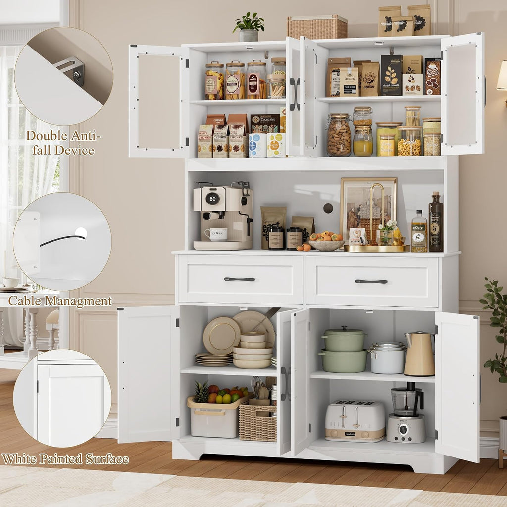 BOTLOG 71" Large Pantry Storage Cabinet with Microwave Stand | Tall Hutch Cabinet with Glass Doors 8 Storage Compartments for Dining Room, Modern White