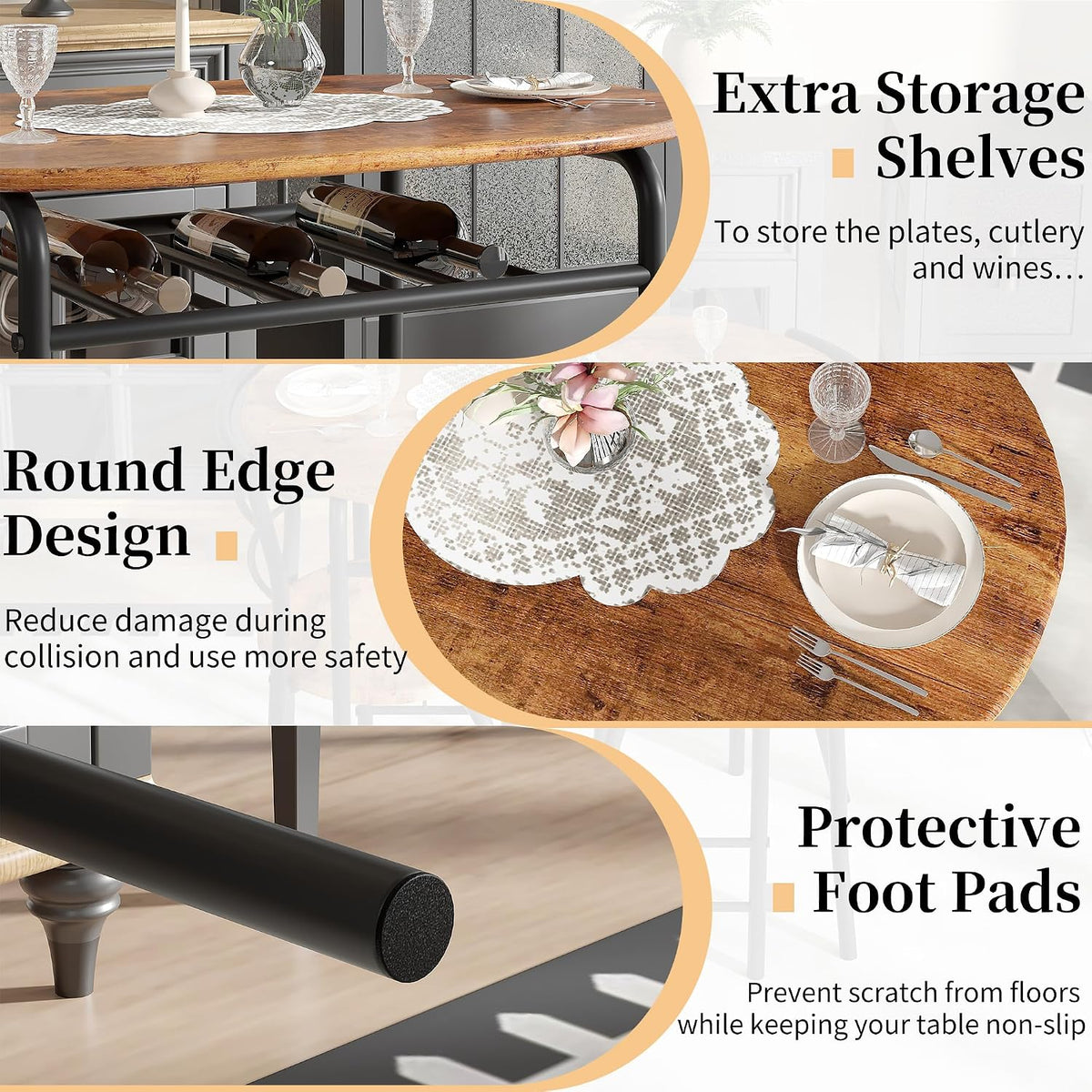 VECELO 3-Piece Dining Table Set for Kitchen Breakfast Nook, Wood Grain Oval Tabletop and Metal Frame with Built-in Wine Rack, for Small Spaces, Antique Brown & Black