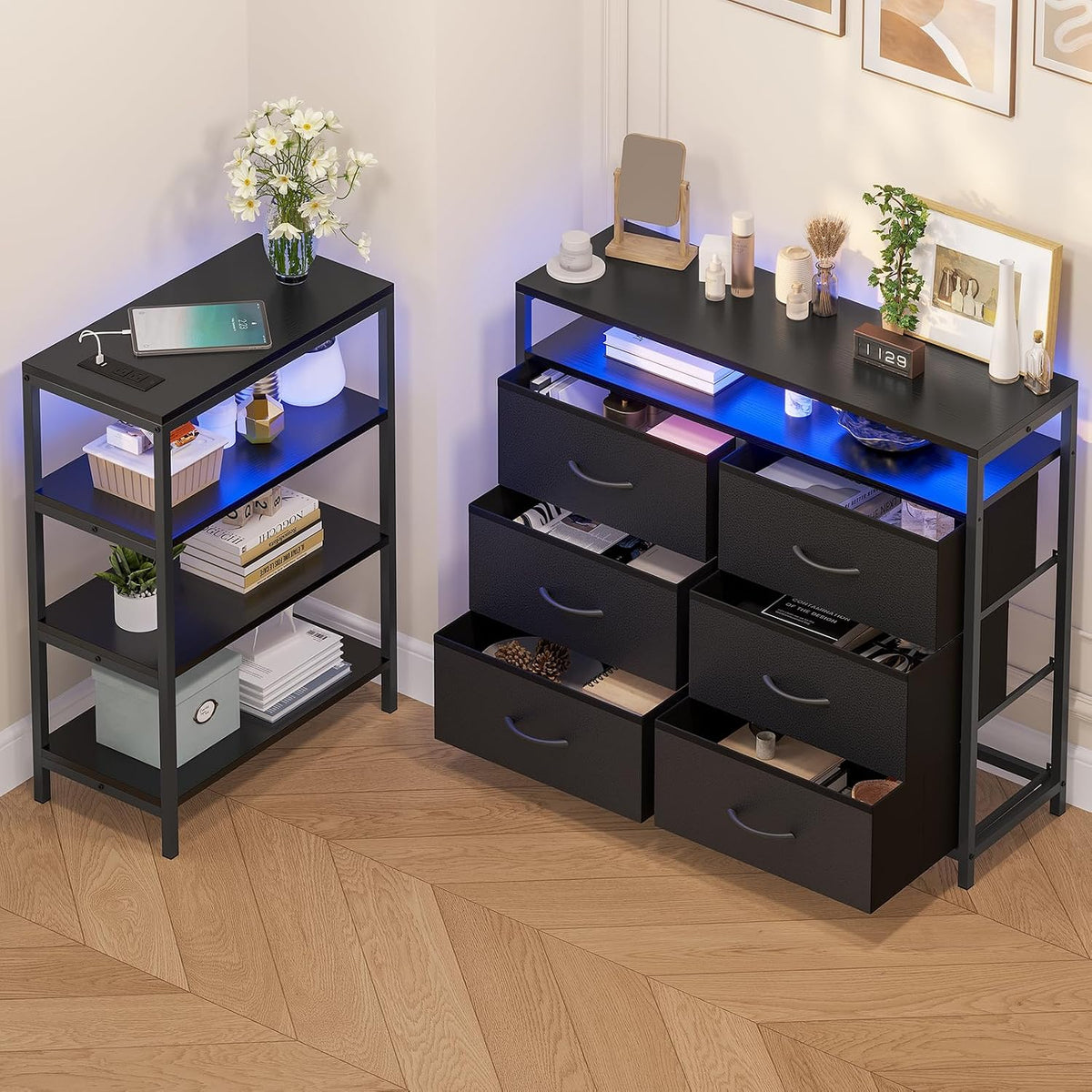 HAUOMS TV Stand for 60 Inch TV,LED Entertainment Center,Black | L Shaped Convertible Dresser with with Power Outlets & Open Shelf,6 Drawers with PU Finish,for Living Room,Bedroom