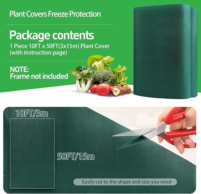 Plant Covers Freeze Protection, 10x50ft Green Frost Blanket for Winter, 1.23 oz/yd² Fabric, Premium Frost Protection Cover, Breathable Garden Row Covers for Outdoor Plants
