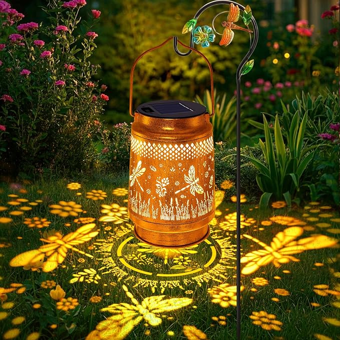 Dragonfly Solar Lanterns Outdoor Waterproof with Shepherd Hook, Birthday Gifts for Women Mom Grandma, Metal Solar Hanging Lights Garden Decor for Outside Yard Patio Pathway Backyard Porch