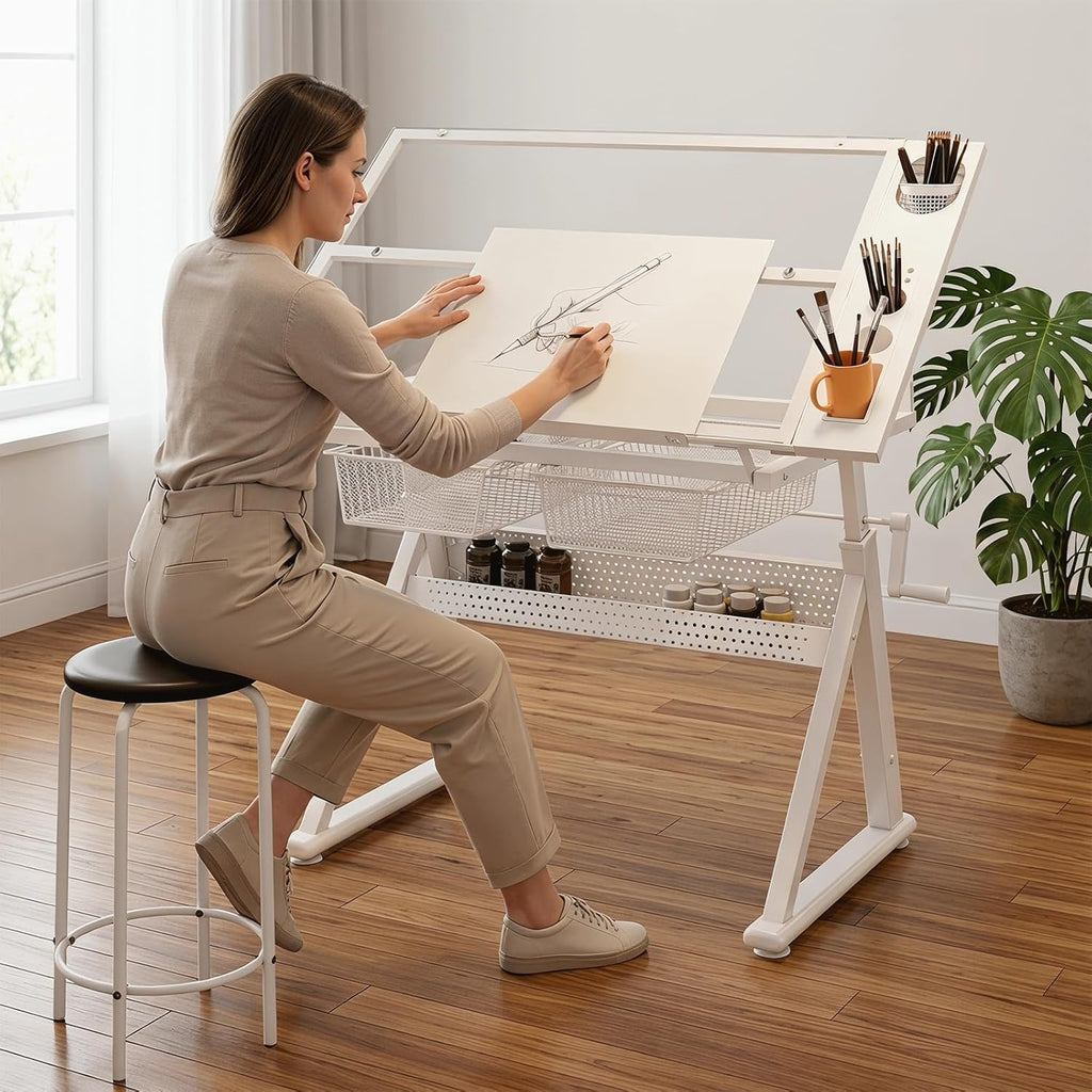 Drafting Table w/Art Stool, Hand Crank Height Adjustable Drawing Desk for Adults with Tilting Glass Top (0-70°), 2 Storage Drawers, Artist Table for Painting & Sketching(White)