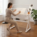 Drafting Table w/Art Stool, Hand Crank Height Adjustable Drawing Desk for Adults with Tilting Glass Top (0-70°), 2 Storage Drawers, Artist Table for Painting & Sketching(White)