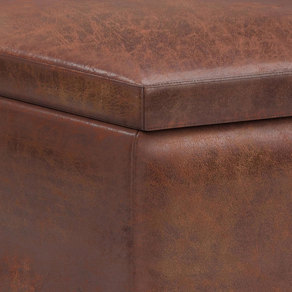 SIMPLIHOME Owen 34" Vegan Leather Storage Ottoman in Distressed Pecan Brown