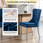 Dining Room Chairs Set of 4, Tufted Velvet Chairs with Modern Stainless Steel Legs, Rivet Trim Metal Pull Ring Large Back for Kitchen Dining Room Restaurant, Blue