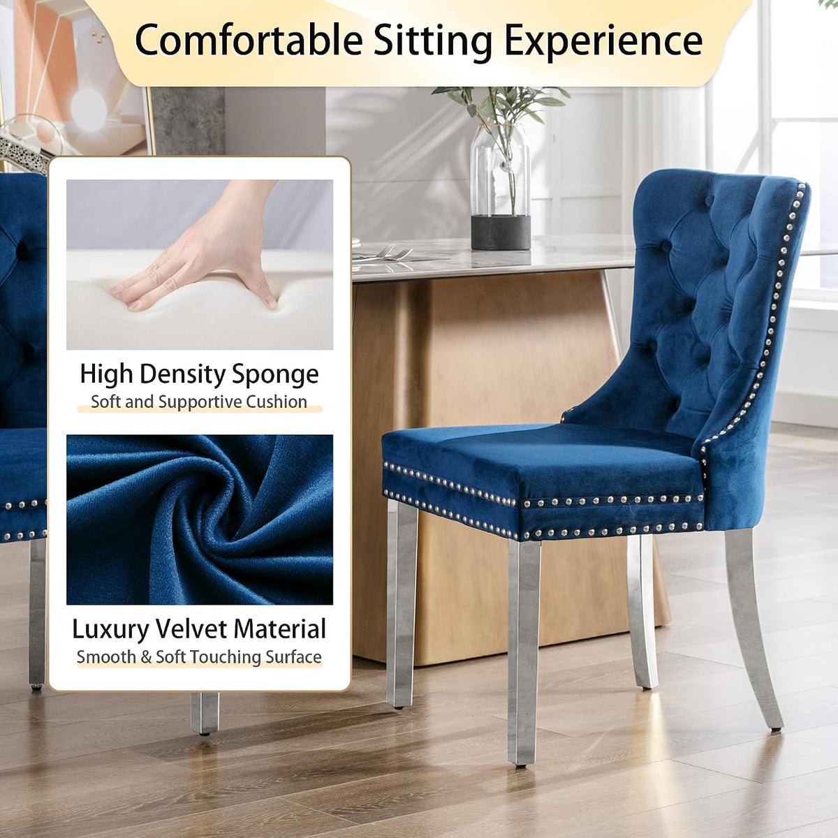 Dining Room Chairs Set of 4, Tufted Velvet Chairs with Modern Stainless Steel Legs, Rivet Trim Metal Pull Ring Large Back for Kitchen Dining Room Restaurant, Blue