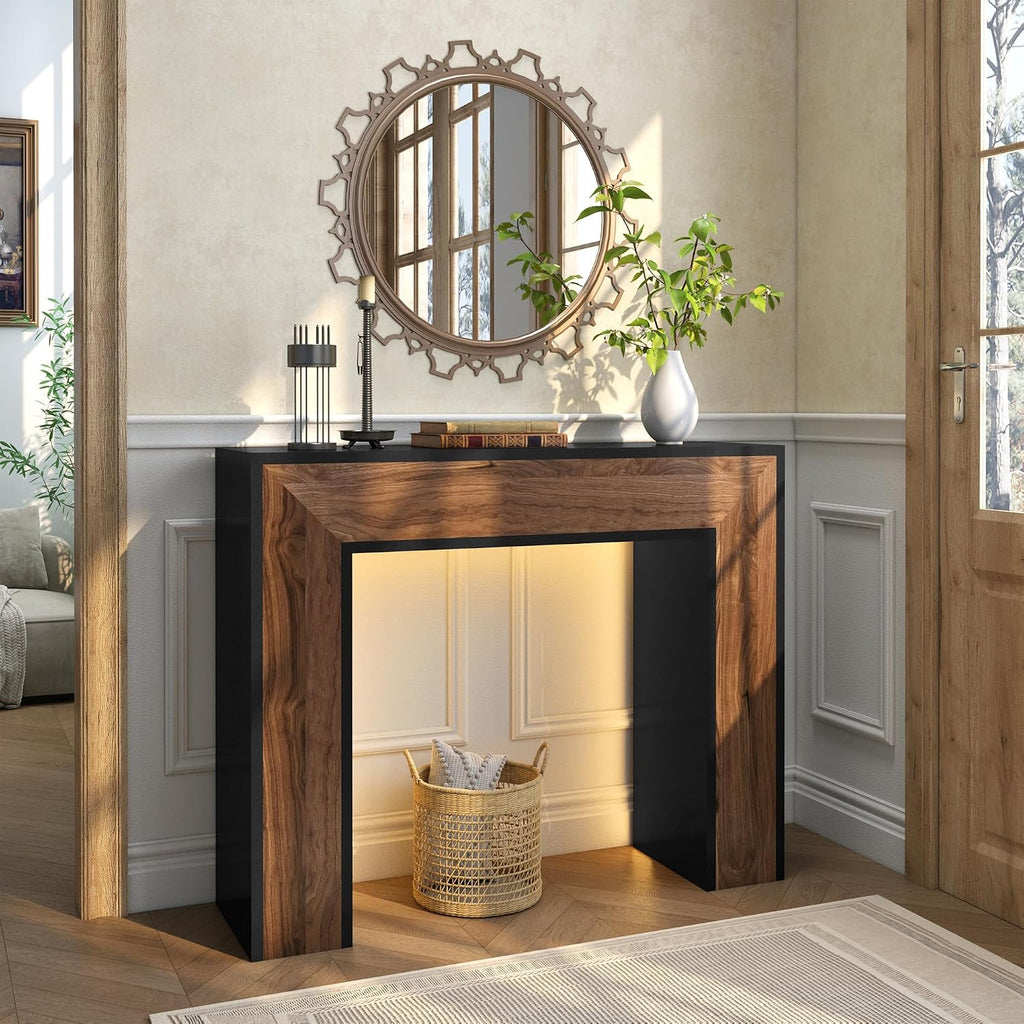 41" Entryway Table with LED Light, Farmhouse Wood Console Table Behind Couch, Rustic Narrow Sofa Table for Living Room, Rustic Wood Entry Table for Entryway, Hallway, Foyer, Black/Walnut