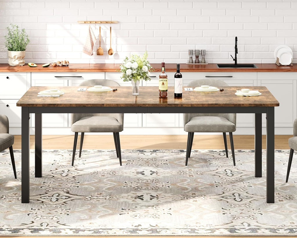 79 Inch Industrial Dining Table, Large Rectangle Kitchen Table with Metal Legs, Round Corners, Wooden Conference Tables Writing Desk for Dining Room, Living Room, Retro Brown