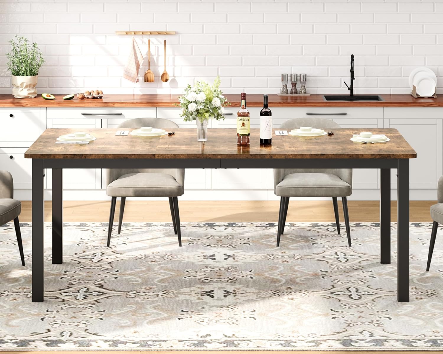79 Inch Industrial Dining Table, Large Rectangle Kitchen Table with Metal Legs, Round Corners, Wooden Conference Tables Writing Desk for Dining Room, Living Room, Retro Brown