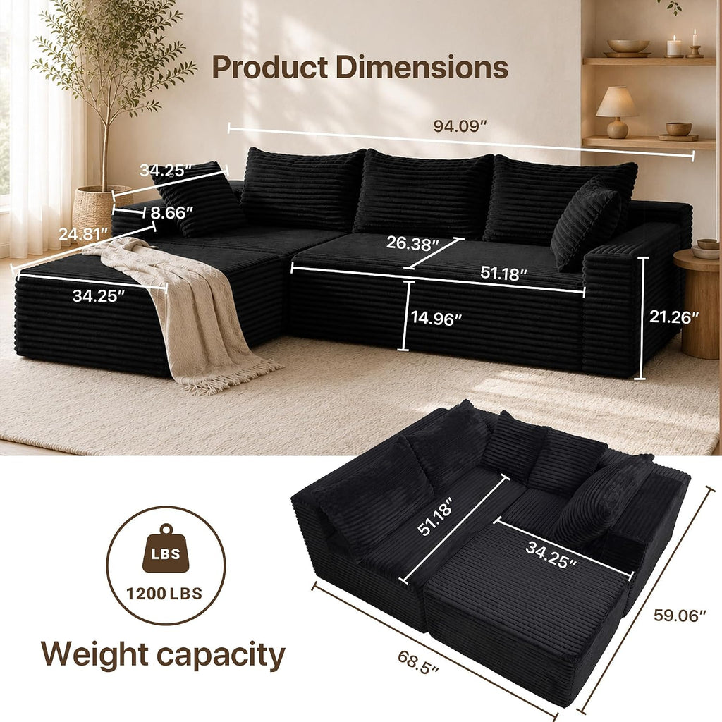 Claiks 94" Couch, L-Shape Corduroy Sectional Sofa, Black | Flexible Module Combination for Living Room, No Assembly, Deep Seat,Stain Resistant Abrasion, Apartment, Includes 1 Ottoman