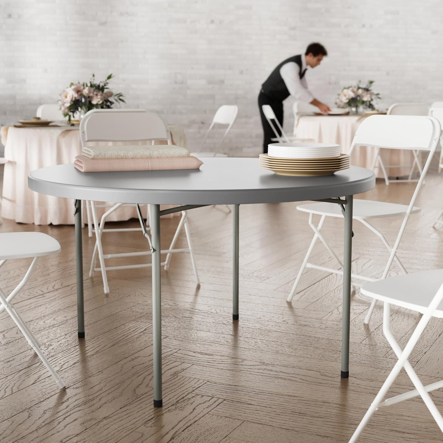 Flash Furniture 4 ft Plastic Round Folding Table, Dark Gray | Durable Construction, Commercial Use
