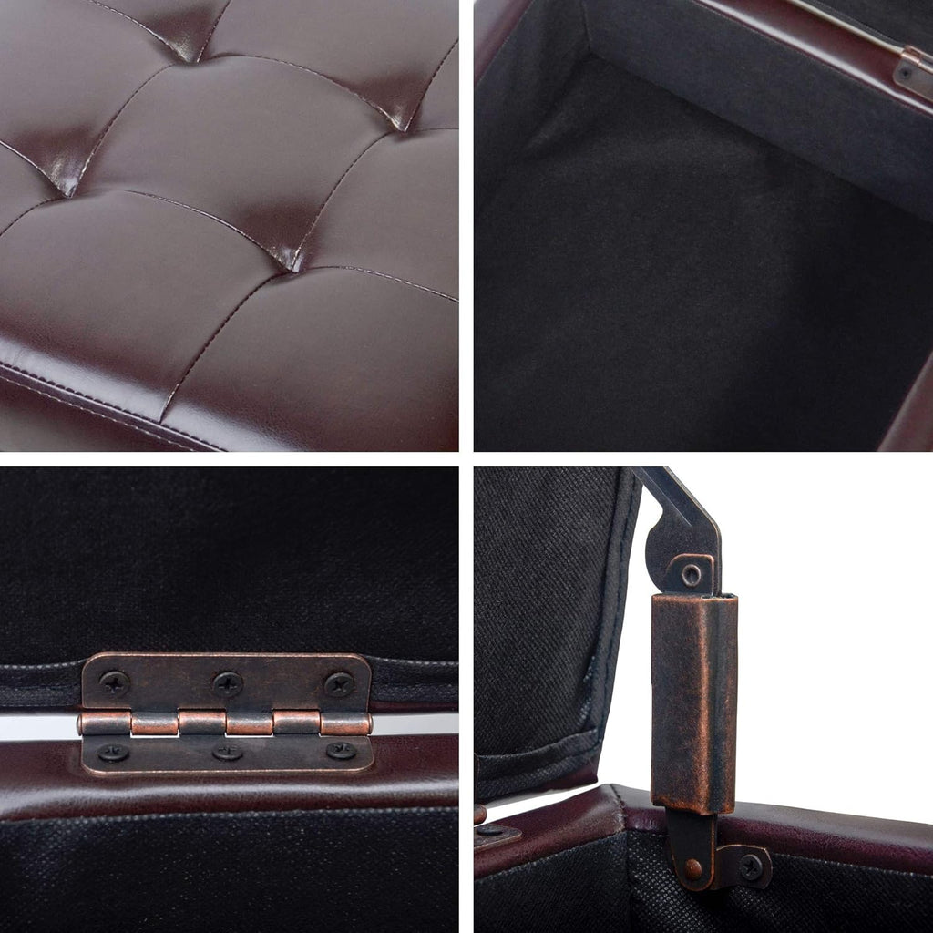 H&B Luxuries Tufted Leather Square Flip Top Storage Ottoman Cube Foot Rest (Brown with Storage)