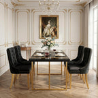 Black Dining Table Set for 4, 55" Black Glossy Top with Gold Metal Legs, Modern Dining Table Set for 4 & Velvet Tufted Chair with Gold Nailhead Trim, Luxry Kitchen Table Set Ideal for Dining Room,APT