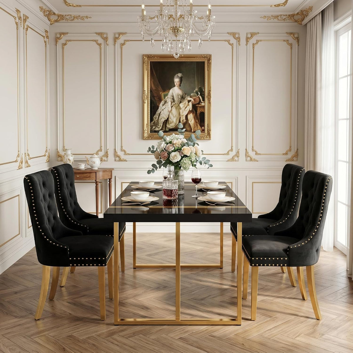 Black Dining Table Set for 4, 55" Black Glossy Top with Gold Metal Legs, Modern Dining Table Set for 4 & Velvet Tufted Chair with Gold Nailhead Trim, Luxry Kitchen Table Set Ideal for Dining Room,APT