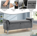 Storage Bench for Bedroom- Grey Velvet Bench with Storage 47" | Featuring Rolled Arms Decorative Nailhead Trim Safety Hinge Large Storage Space for Living Room, Entryway Pet Friendly
