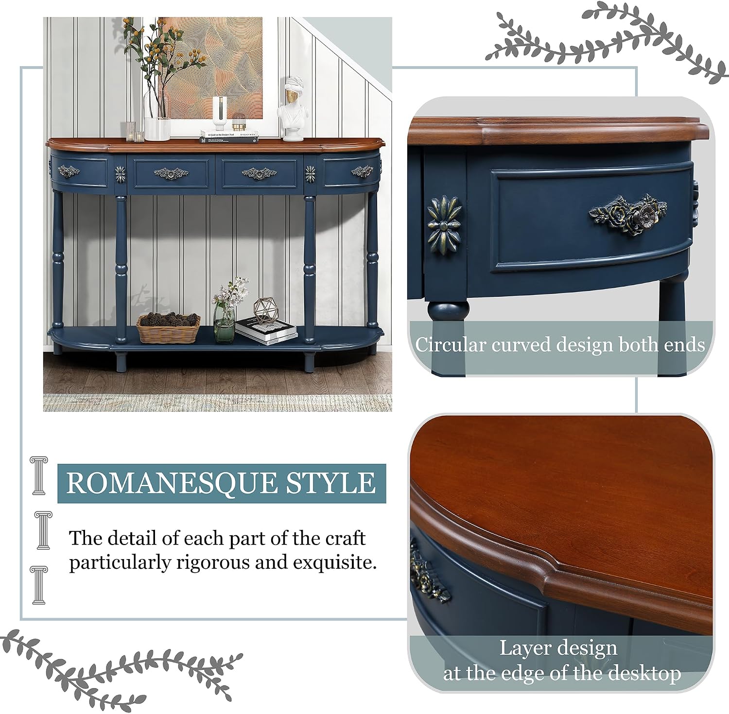 P PURLOVE Curved Console Table with 2 Drawers, Retro Sofa Table with Solid Wood Frame and Legs, Half Moon Entry Table for Home Kitchen Entryway (Navy Blue)
