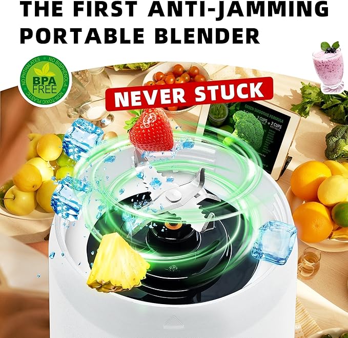 Portable Blender, Anti-Jamming 300 Watt for Shakes and Smoothies, 24oz Travel Blender USB Rechargeable, BPA Free Sporty bottle with a Travel Lid. (Black Base Grey Lid) (White Base Green Lid)