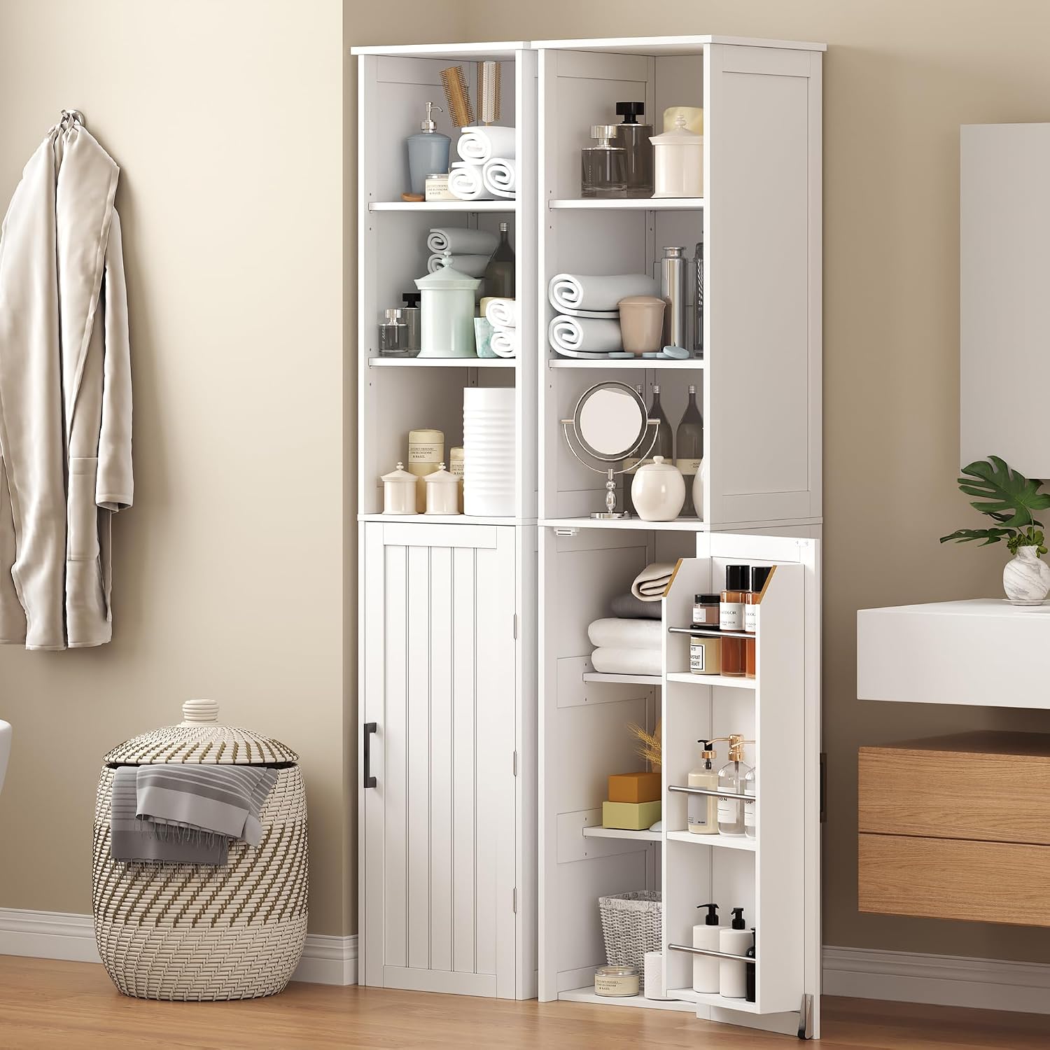 ChooChoo Narrow Kitchen Pantry Storage Cabinet, Slim Storage Cabinet with Adjustable Shelves and Open Shelves, Tall Freestanding Pantry Cabinet for Small Spaces, Kitchen, Dining Room, Bathroom, White