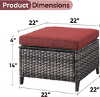 Outdoor Ottoman Set of 2 - PE Wicker Rattan Ottoman Patio Footstool for Deck Porch Balcony Garden - Grey/Red