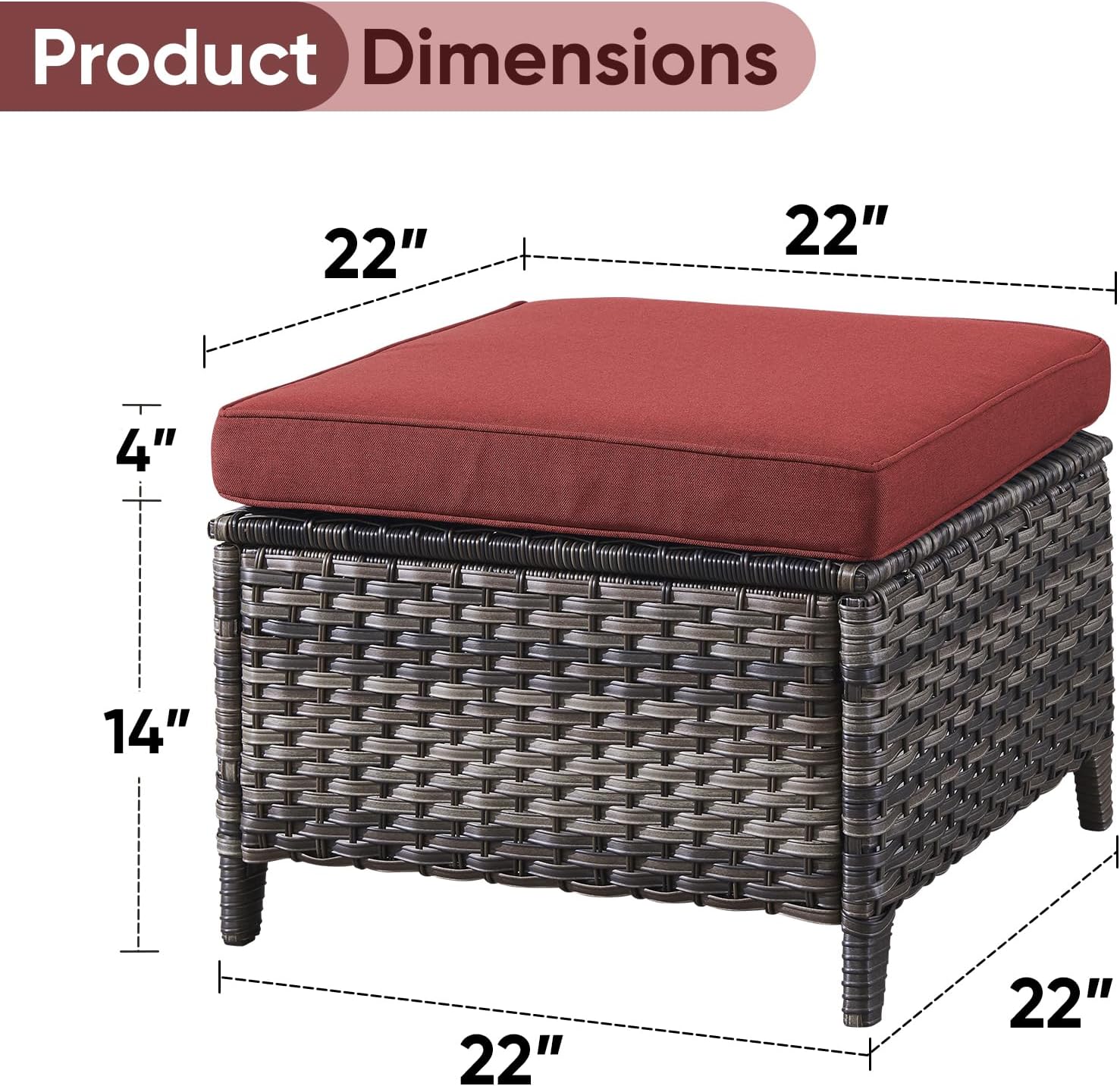 Outdoor Ottoman Set of 2 - PE Wicker Rattan Ottoman Patio Footstool for Deck Porch Balcony Garden - Grey/Red