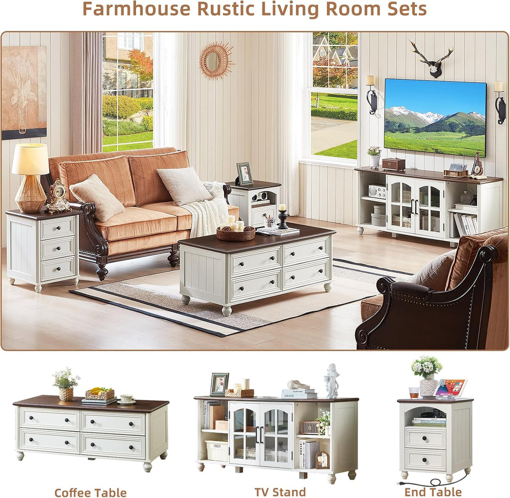 RWYHG Farmhouse TV Stand for 60 in TV, Entertainment Center for Living Room | Adjustable Shelves, Magnetic Glass Door, Sturdy Gourd Base, Wood Grain Top, High Capacity Storage Cabinet, White