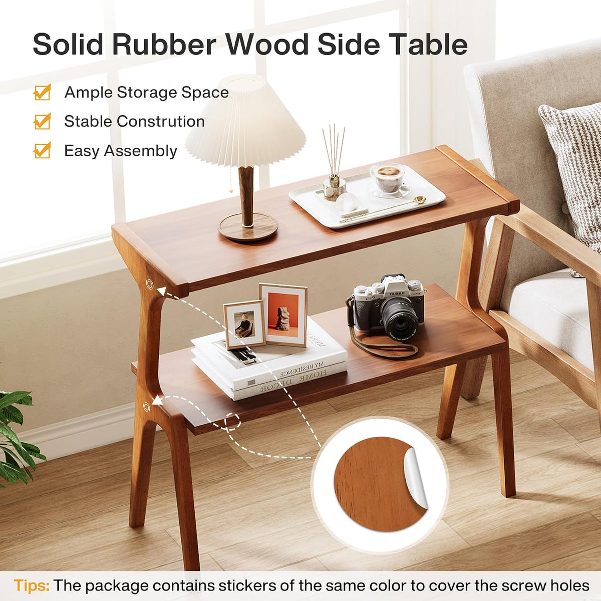 Tribesigns Set of 2 Solid Wood Side Table, 2-Tier Couch End Table with Storage Shelves, Mid-Century Modern Sofa End Table with Cute Legs, Wooden Bedside Table for Bedroom, Living Room, Cherry