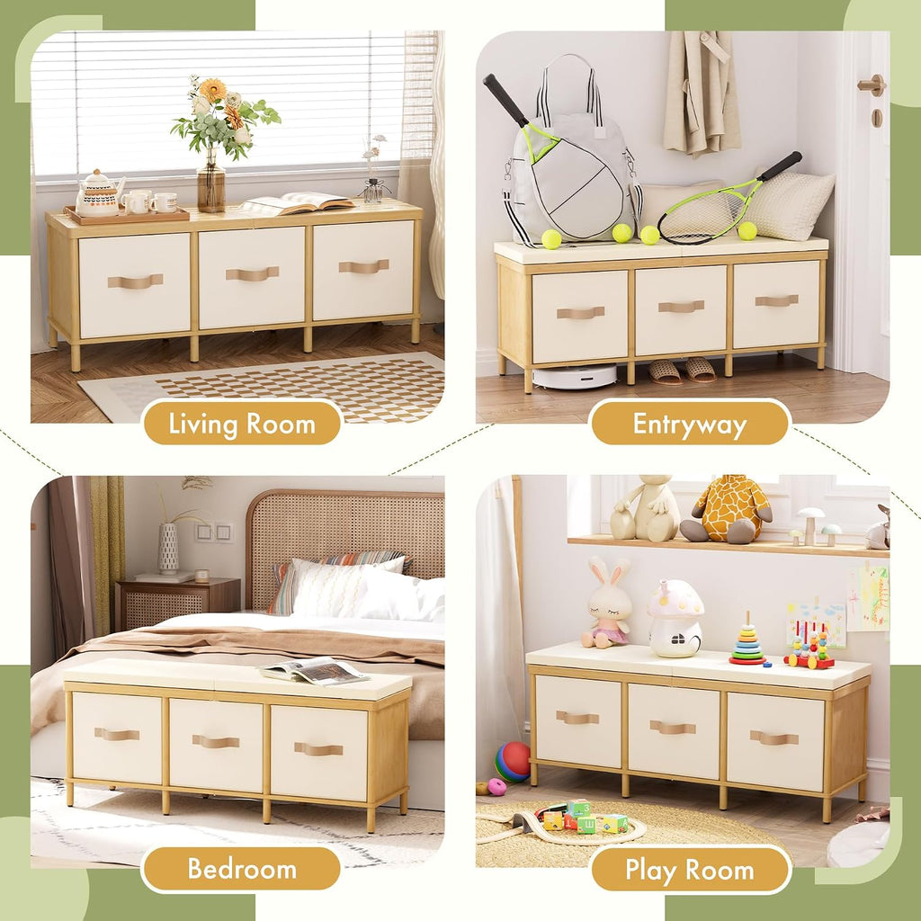 Shoe Bench, 43.3" Storage Bench, Entryway Bench with Cushion Seat | Natural Bamboo Bench with Storage, Easy Assembly, End of Bench with Drawers, Storage Organizer for Bedroom/Entryway/Closet