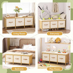 Shoe Bench, 43.3" Storage Bench, Entryway Bench with Cushion Seat | Natural Bamboo Bench with Storage, Easy Assembly, End of Bench with Drawers, Storage Organizer for Bedroom/Entryway/Closet