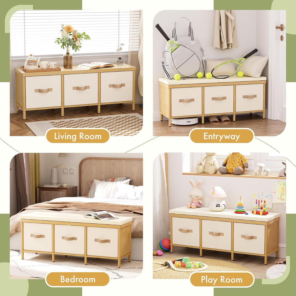 Shoe Bench, 43.3" Storage Bench, Entryway Bench with Cushion Seat | Natural Bamboo Bench with Storage, Easy Assembly, End of Bench with Drawers, Storage Organizer for Bedroom/Entryway/Closet