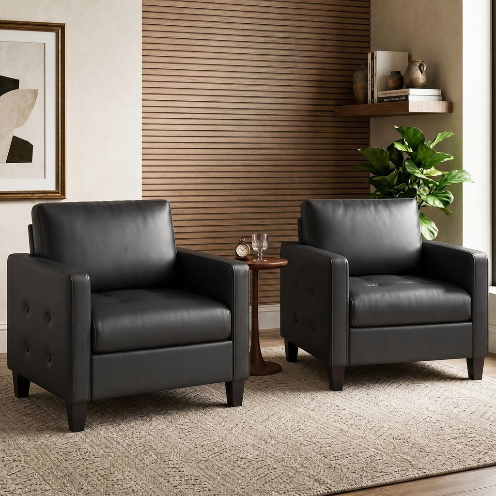 STHOUYN Black Accent Chairs Set of 2, Faux Leather Chair, Mid-Century Modern Living Room Chairs, Cozy Office Reading Chair with Tufted Armrest and Seat, Armchairs for Waiting Room, Bedroom (2)