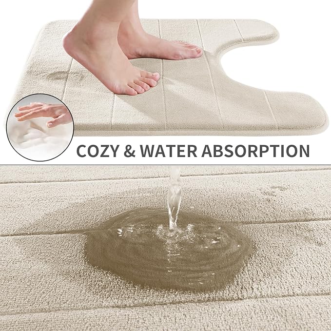 Yimobra Memory Foam Toilet Bath Mat U-Shaped, Commode Contour Rug, Soft and Comfortable, Super Water Absorbent, Non-Slip, Thick, Machine Wash Bathroom Commode Contour Rug, 24 X 20 Inches, Cream
