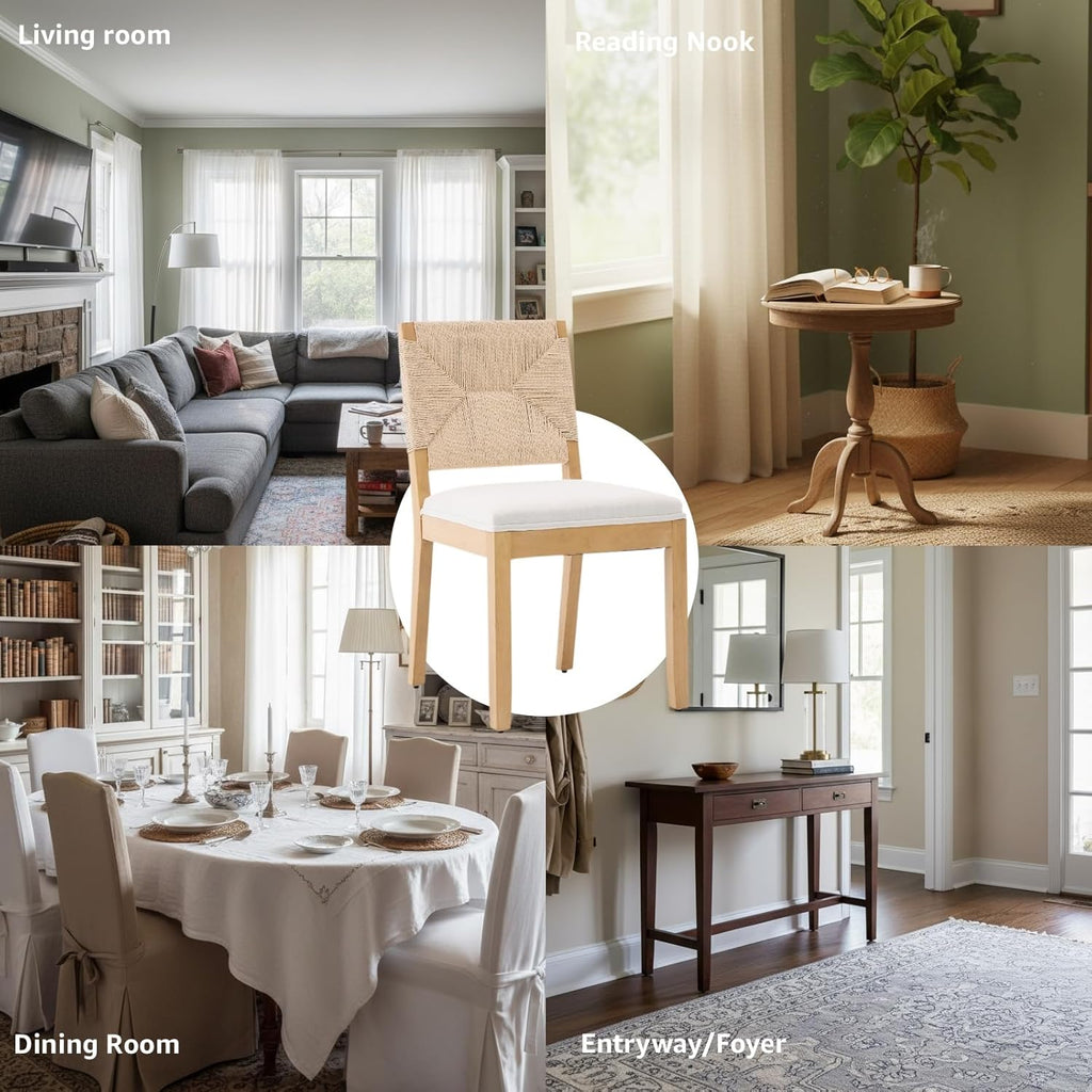 French Country Dining Chairs Set of 4, Beige Farmhouse Wood Dining Room Chairs, Woven Back Linen Upholstered Dining Chair, Solid Wood Legs, Boho Style Kitchen Chairs, Sillas de Comedor
