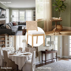 French Country Dining Chairs Set of 4, Beige Farmhouse Wood Dining Room Chairs, Woven Back Linen Upholstered Dining Chair, Solid Wood Legs, Boho Style Kitchen Chairs, Sillas de Comedor