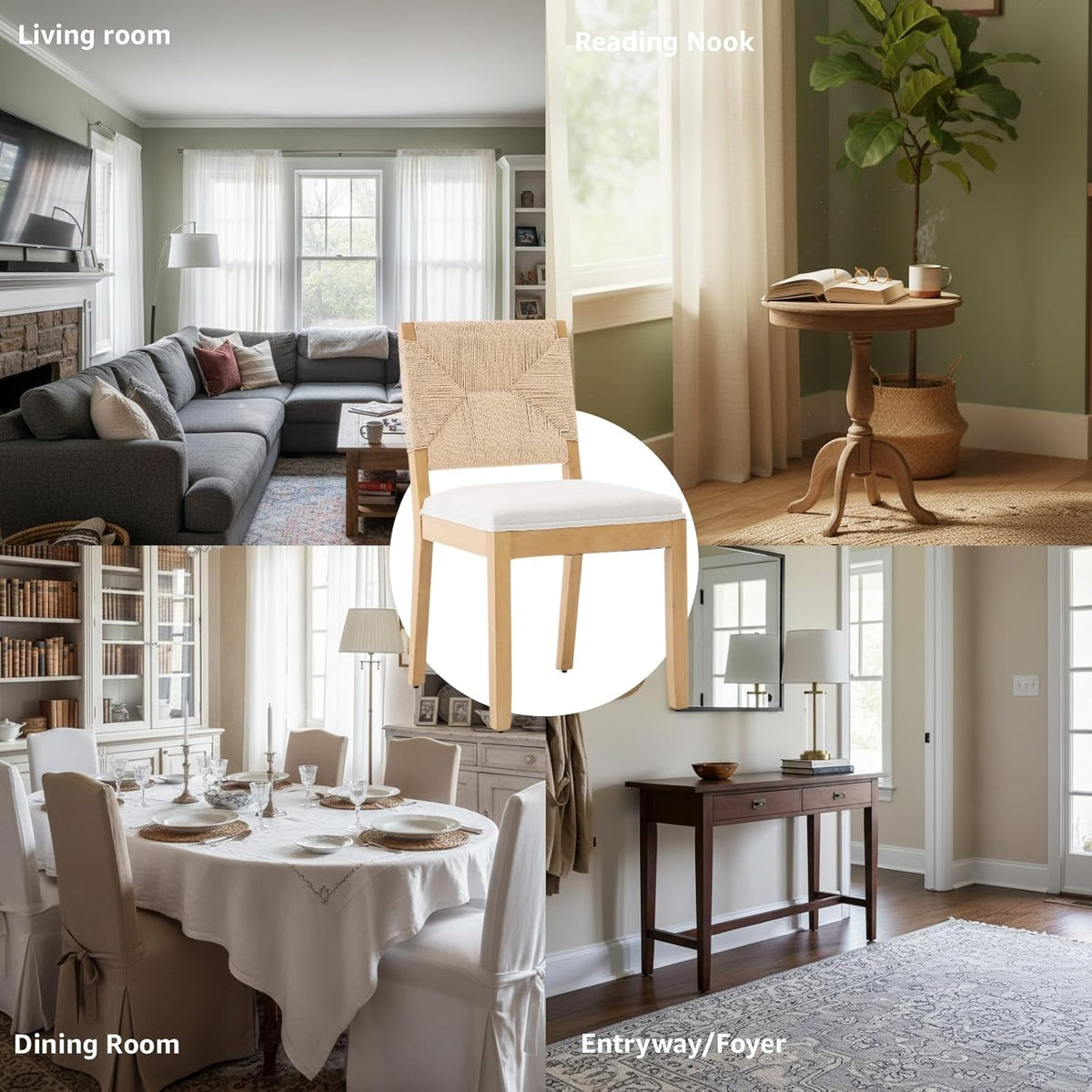 French Country Dining Chairs Set of 4, Beige Farmhouse Wood Dining Room Chairs, Woven Back Linen Upholstered Dining Chair, Solid Wood Legs, Boho Style Kitchen Chairs, Sillas de Comedor
