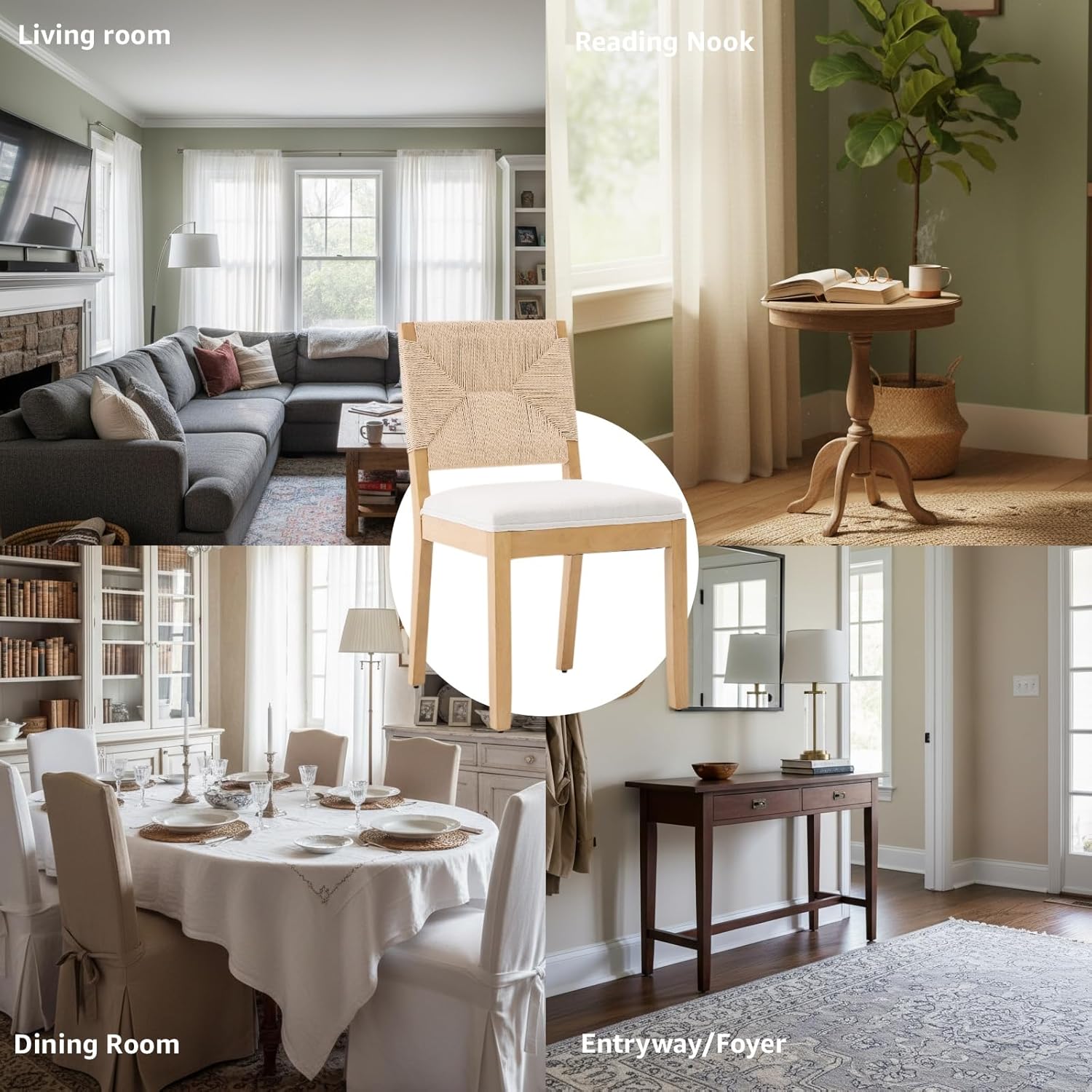 French Country Dining Chairs Set of 2, Beige Farmhouse Wood Dining Room Chairs, Woven Back Linen Upholstered Dining Chair, Solid Wood Legs, Boho Style Kitchen Chairs, Sillas de Comedor