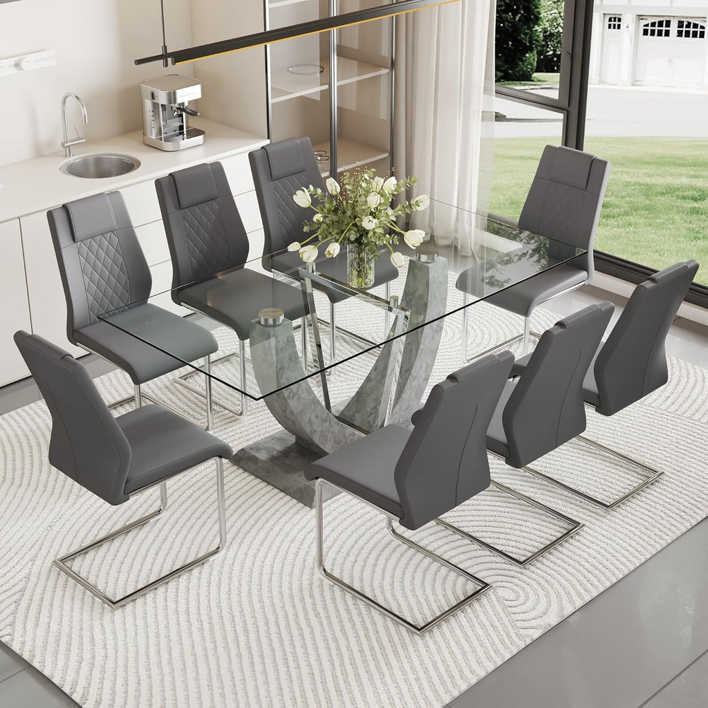 71" Glass Dining Table, Modern Kitchen Table for 6-8, Large Rectangle Dinner Table with Tempered Glass Top and Wooden Base for Dining Room, Kitchen