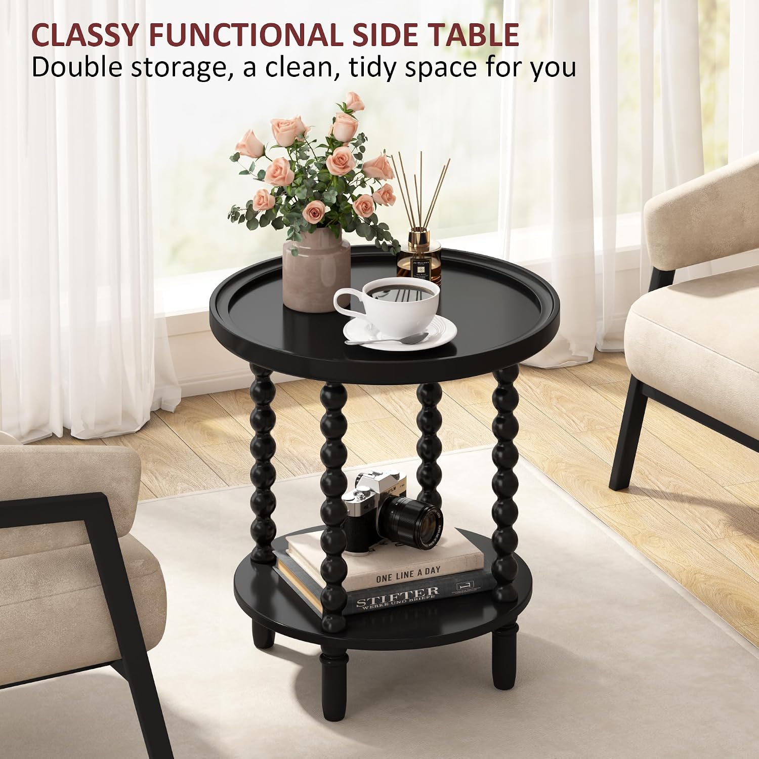 Gadroad Round End Table with Storage Shelf, Black 19.3 * 19.3 * 25.6 inches | 2 Tier Couch Side Table, Wood Coffee Table for Living Room, Bedroom