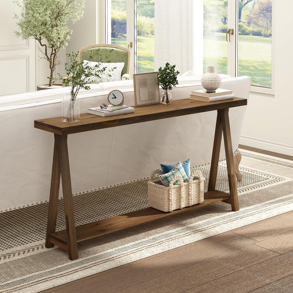Farmhouse Console Tables for Living Room, 63" Solid Wood 2-Tier Sofa Table, Rustic Hallway Table for Entryway, Natural