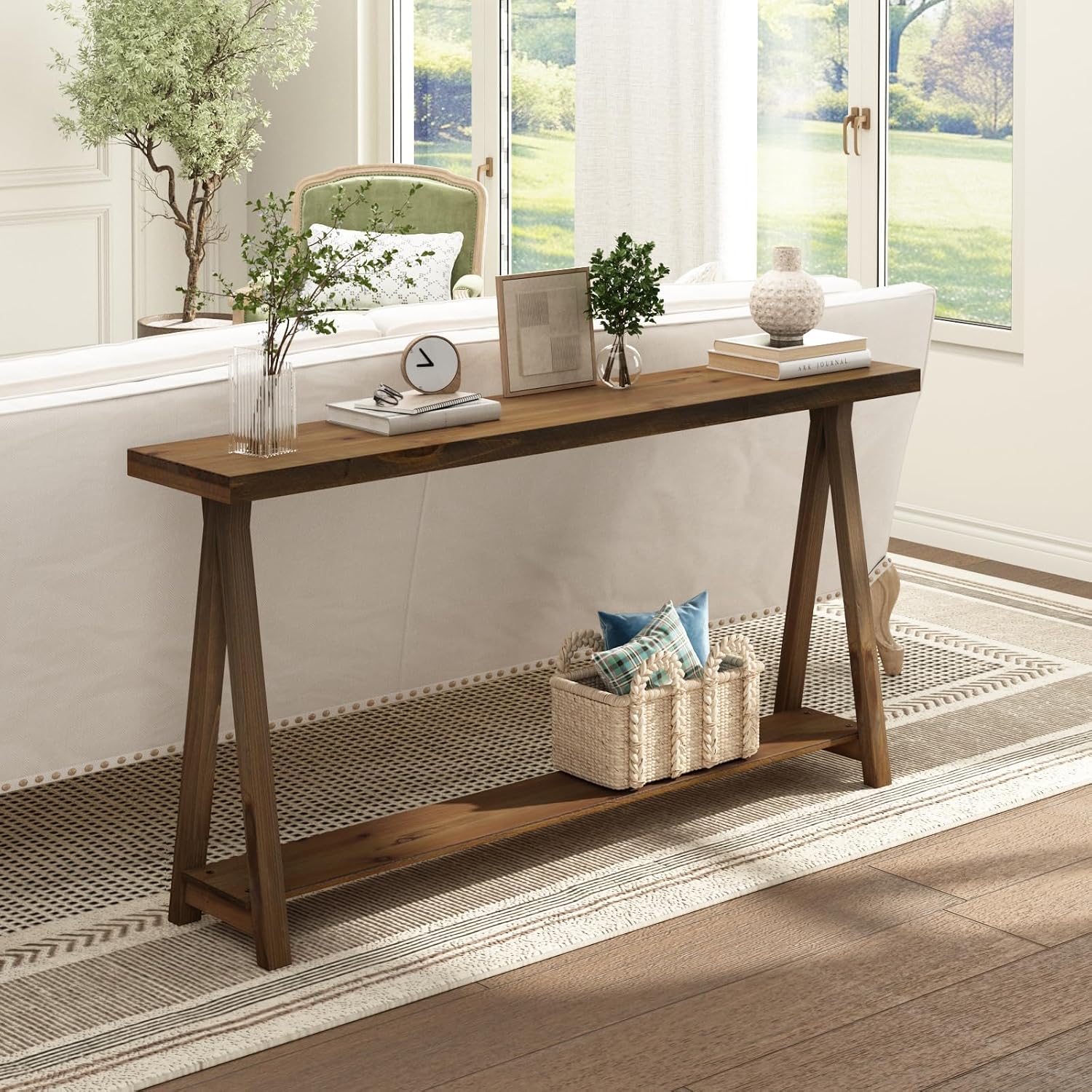 Farmhouse Console Tables for Living Room, 63" Solid Wood 2-Tier Sofa Table, Rustic Hallway Table for Entryway, Natural