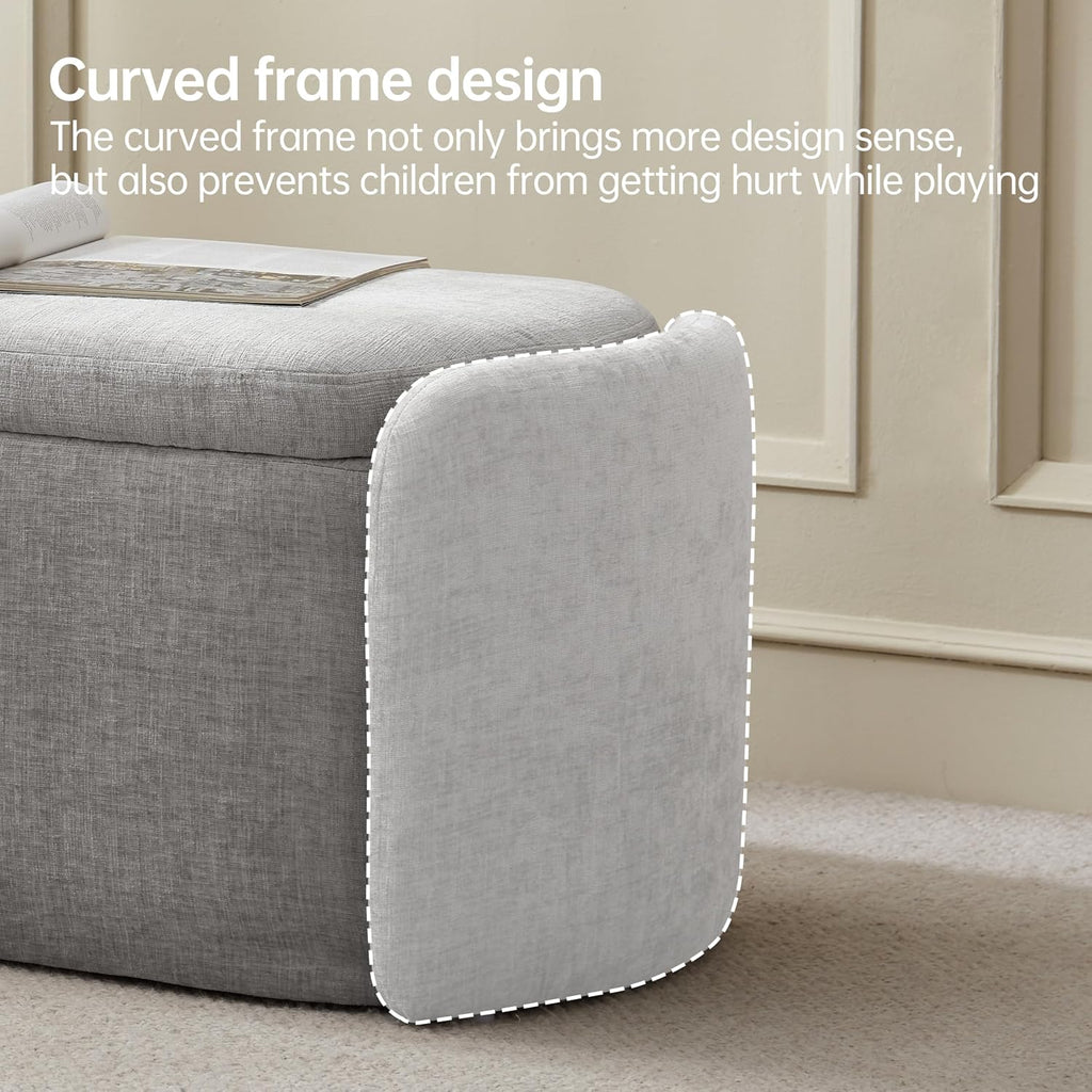 VKNOW 46" Oval Storage Ottoman Bench, Upholstered End of Bed Bench Ottomans Bench Foot Rest, Sherpa Storage Bench for Bedroom, Living Room and Hallway, Light Grey