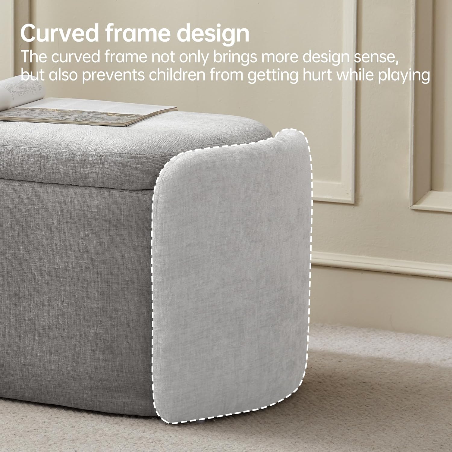 VKNOW 46" Oval Storage Ottoman Bench, Upholstered End of Bed Bench Ottomans Bench Foot Rest, Sherpa Storage Bench for Bedroom, Living Room and Hallway, Light Grey