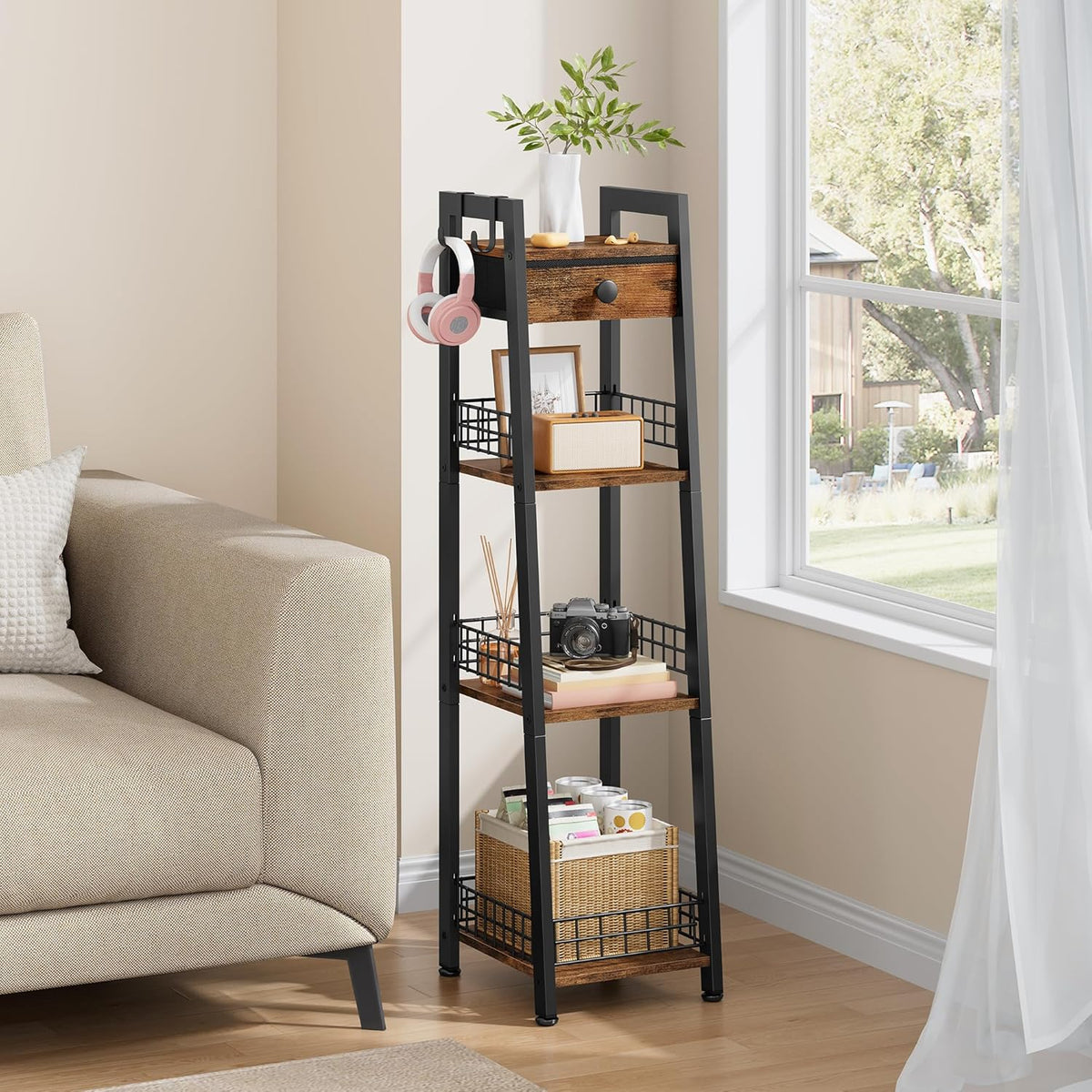 Gewudraw 4-Tier Narrow Ladder Shelf with Drawer, Bathroom Table Stand for Small Space, Narrow Bathroom Standing Shelves with Storage for Living Room Bedroom Kitchen, Organizer Shelf, Rustic Brown