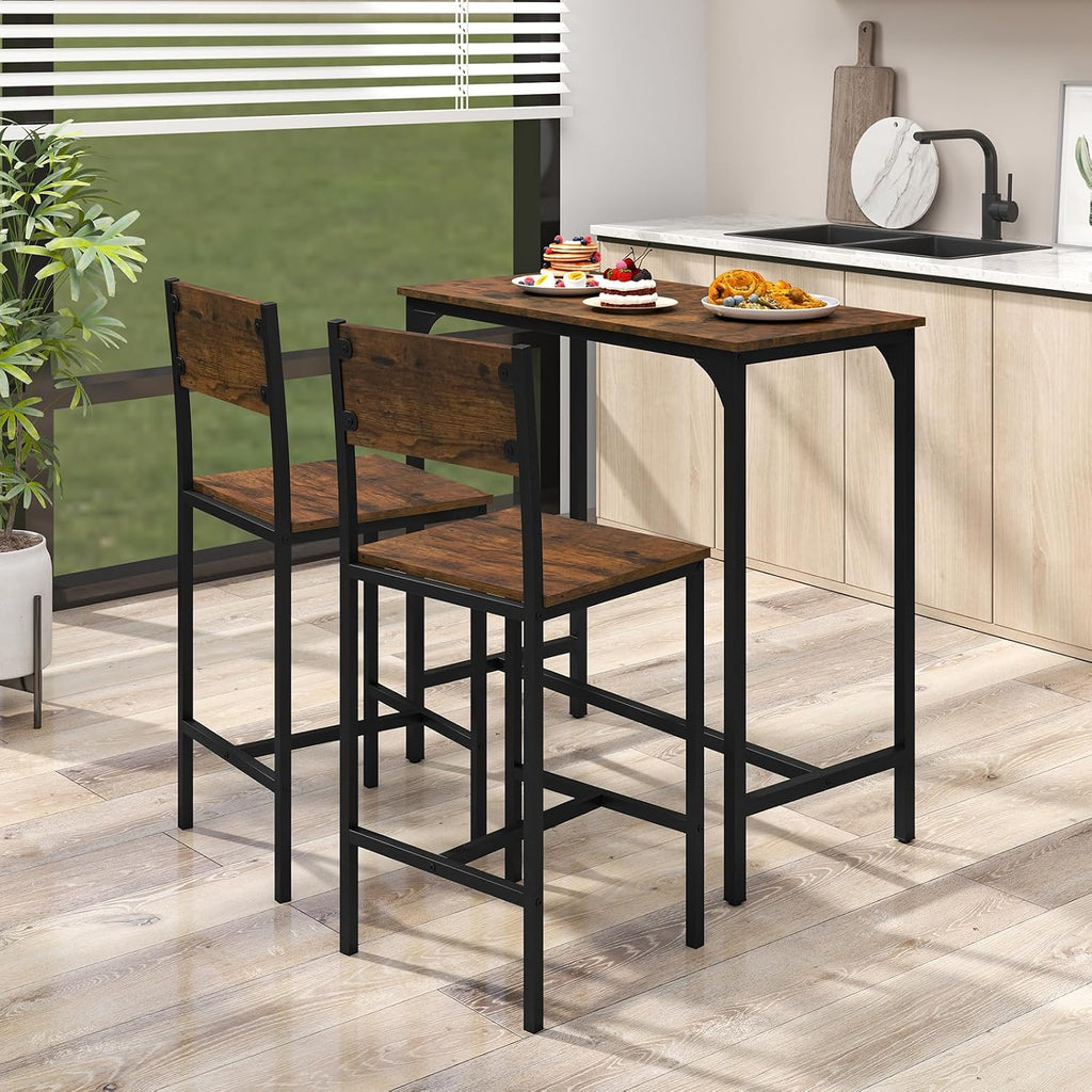 GOFLAME 3-Piece Bar Table Set, Counter Height Pub Table & 2 Barstools with Metal Frame, Industrial Space Saving Dining Set for Kitchen, Dining Room, Bistro, Restaurant, Small Space, Rustic Brown
